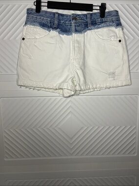 Zara Two-Tone Denim High-Waist Jean Shorts in Blue and White